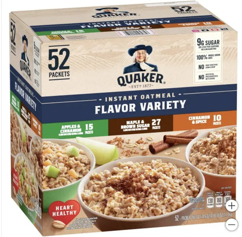 Quaker Instant Oatmeal Variety Pack, 3 flavors in total, 52 packets / 1.51 ounces each, totaling 74.6 ounces. The most affordable oatmeal, suitable for breakfast.,food,snacks,labubu,dubai chocolate bar,candy and snacks